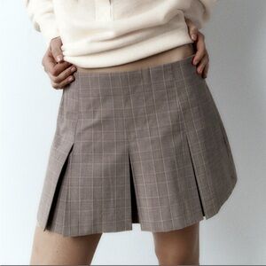 Zara Plaid Pleat Box Skort Skirt in Mink brown